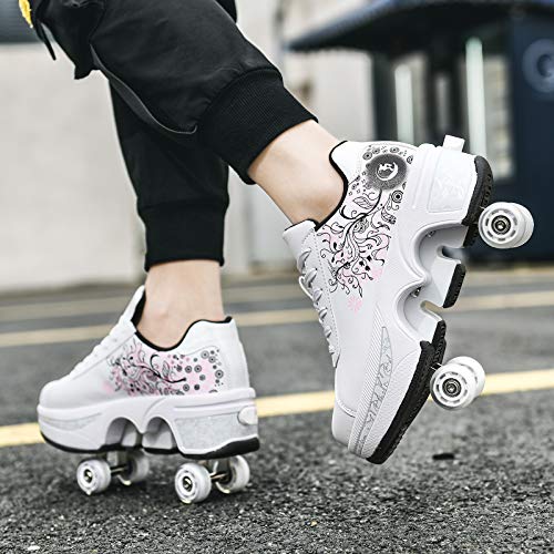 Double-Row Deform Wheel Automatic Walking Shoes Invisible Deformation Roller Skate 2 in 1 Removable Pulley Skates Skating Parkour (White Black Powder, US 5.5)