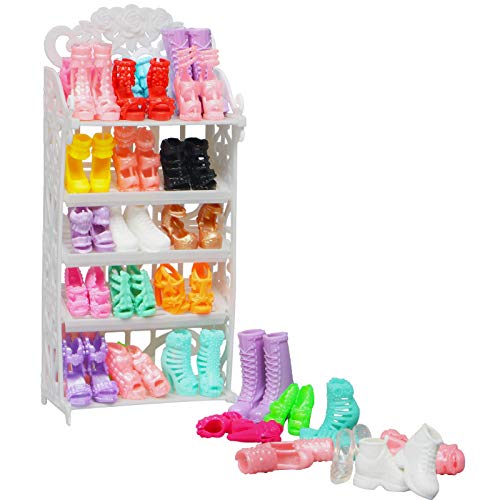 BJDBUS 1 Doll Shoes Rack Shelf + 20 Pairs Shoes Set Accessories High Heel Boots Sandals Assorted Furniture for 11.5 Inch Girl Doll