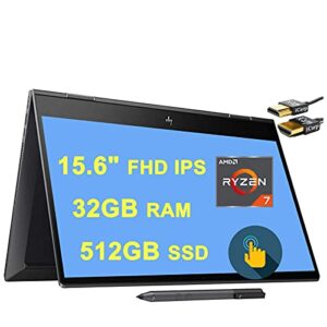 hp envy x360 15 2 in 1 laptop 15.6" fhd ips touchscreen amd octa-core ryzen 7 4700u (beats i7-10510u) 32gb ram 512gb ssd backlit fingerprint usb-c b&o pen win10 + hdmi cable