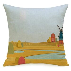 Decorative Square Throw Pillow Cover Grain Wind Rural Design Summer with Farm Land Landscape Harvest Village Old Windmill Parks Outdoor Linen Cozy Cushion Case for Car Couch Lving Room 16x16 Inch