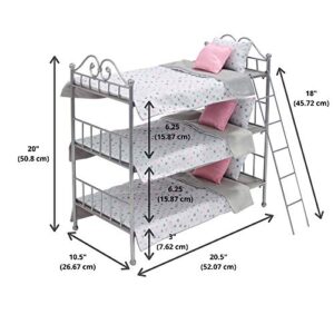 Badger Basket Toy Scrollwork Metal Triple Doll Bunk Bed with Ladder and Bedding for 18 inch Dolls - Silver/Pink
