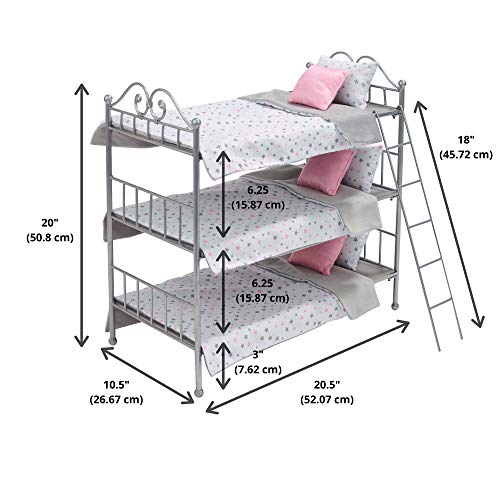 Badger Basket Toy Scrollwork Metal Triple Doll Bunk Bed with Ladder and Bedding for 18 inch Dolls - Silver/Pink