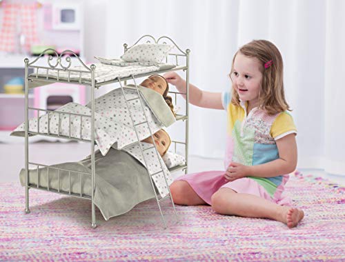 Badger Basket Toy Scrollwork Metal Triple Doll Bunk Bed with Ladder and Bedding for 18 inch Dolls - Silver/Pink