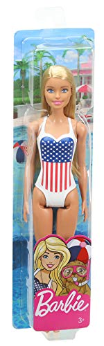 Barbie Beach Blonde Doll in White One-Piece Swimsuit with American Flag Inspired Pattern Kids Toy GPB17