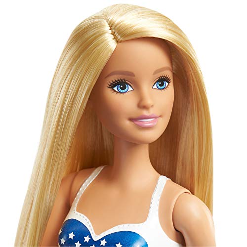 Barbie Beach Blonde Doll in White One-Piece Swimsuit with American Flag Inspired Pattern Kids Toy GPB17