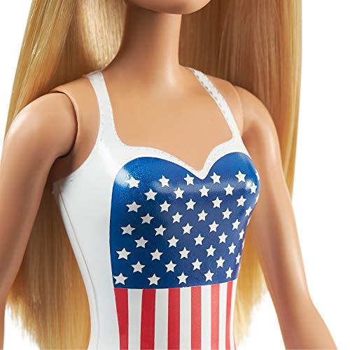 Barbie Beach Blonde Doll in White One-Piece Swimsuit with American Flag Inspired Pattern Kids Toy GPB17