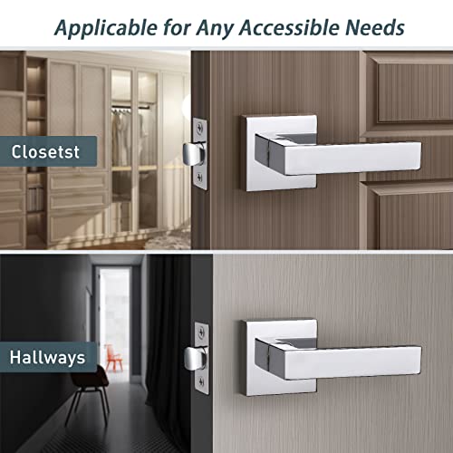 DECORITEN 5 Pack Heavy Duty Passage Door Levers Polished Chrome Interior Door Handles with Square Rosette, Straight Keyless Door Locks for Closet Hallway