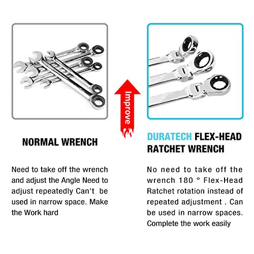 DURATECH Extra Long Flex-Head Ratcheting Wrench Set, Double Box End Wrench Set, 5-Piece, SAE, 5/16" to 13/16", CR-V Steel, with EVA Foam Tool Organizer
