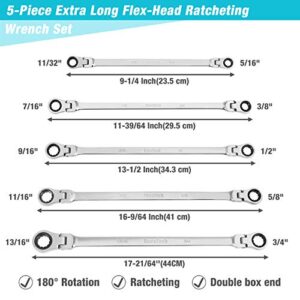 DURATECH Extra Long Flex-Head Ratcheting Wrench Set, Double Box End Wrench Set, 5-Piece, SAE, 5/16" to 13/16", CR-V Steel, with EVA Foam Tool Organizer