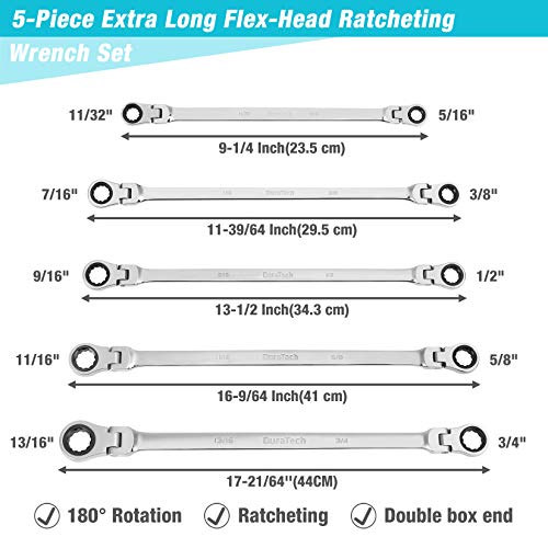 DURATECH Extra Long Flex-Head Ratcheting Wrench Set, Double Box End Wrench Set, 5-Piece, SAE, 5/16" to 13/16", CR-V Steel, with EVA Foam Tool Organizer