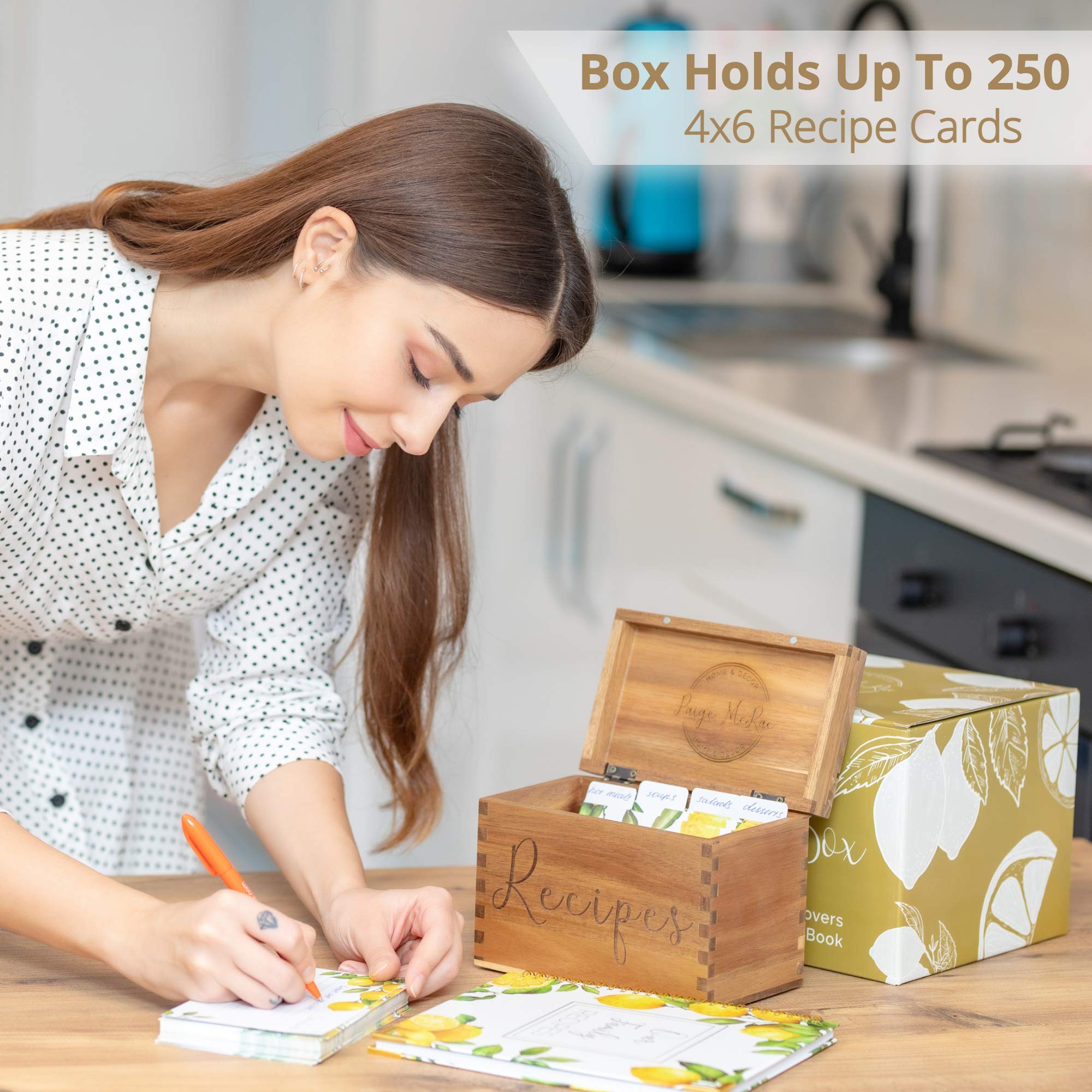 Recipe Box With Cards And Dividers - 50 4x6 Lemon Recipe Cards, Covers & Personalized DIY Book - Large 5x7 Acacia Wooden Recipe Card Holder Set - Engraved Farmhouse Wood Boxes & Organizer for Recipes