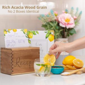 Recipe Box With Cards And Dividers - 50 4x6 Lemon Recipe Cards, Covers & Personalized DIY Book - Large 5x7 Acacia Wooden Recipe Card Holder Set - Engraved Farmhouse Wood Boxes & Organizer for Recipes