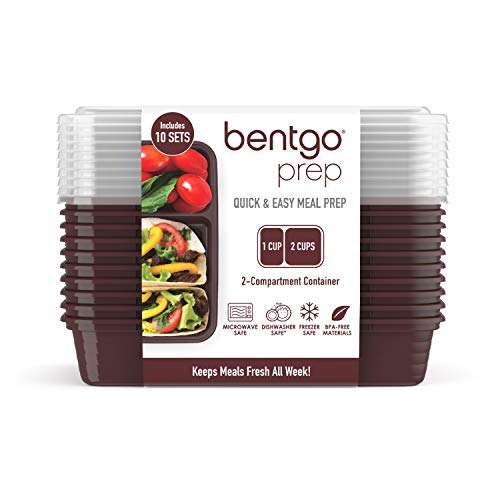 Bentgo Prep 2-Compartment Meal-Prep Containers with Custom-Fit Lids - Microwaveable, Durable, Reusable, BPA-Free, Freezer and Dishwasher Safe Food Storage Containers - 10 Trays & 10 Lids (Burgundy)