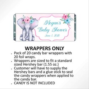 Elephant Theme Personalized Candy Bar Wrappers for Chocolate, Girl's Birthday Party Favors, Hershey Bar Labels, Pack of 20