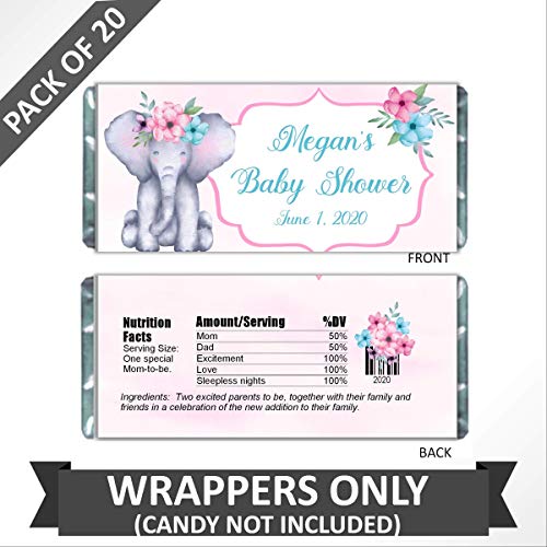 Elephant Theme Personalized Candy Bar Wrappers for Chocolate, Girl's Birthday Party Favors, Hershey Bar Labels, Pack of 20