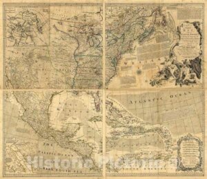 historic 1768 wall map - a general topography of north america and the west indies - map of north america describing an distinguishing the british, spanish and french dominions 44in x 38in