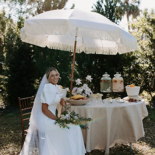 AMMSUN 7ft Patio Umbrella with Fringe Outdoor Tassel Umbrella UPF50+ Premium Steel Pole and Ribs Push Button Tilt,White Cream