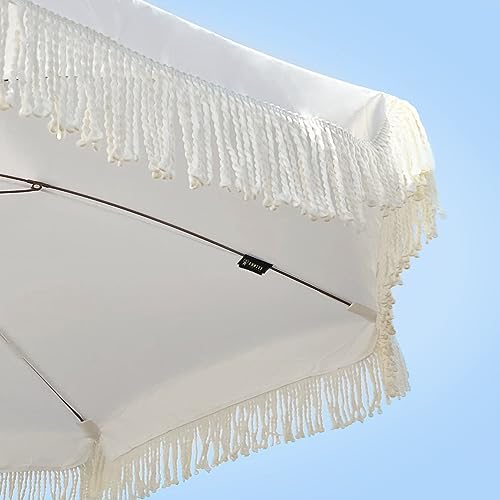 AMMSUN 7ft Patio Umbrella with Fringe Outdoor Tassel Umbrella UPF50+ Premium Steel Pole and Ribs Push Button Tilt,White Cream