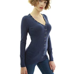 AmélieBoutik Women V Neck Eyelet Trim Long Sleeve Sweater (Dark Heather Blue Medium)