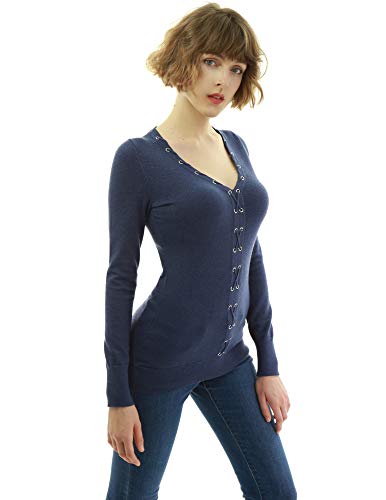 AmélieBoutik Women V Neck Eyelet Trim Long Sleeve Sweater (Dark Heather Blue Medium)