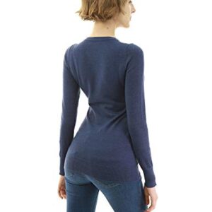 AmélieBoutik Women V Neck Eyelet Trim Long Sleeve Sweater (Dark Heather Blue Medium)