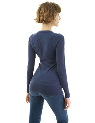 AmélieBoutik Women V Neck Eyelet Trim Long Sleeve Sweater (Dark Heather Blue Medium)