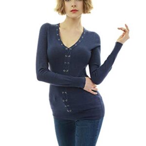 AmélieBoutik Women V Neck Eyelet Trim Long Sleeve Sweater (Dark Heather Blue Medium)