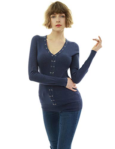 AmélieBoutik Women V Neck Eyelet Trim Long Sleeve Sweater (Dark Heather Blue Medium)