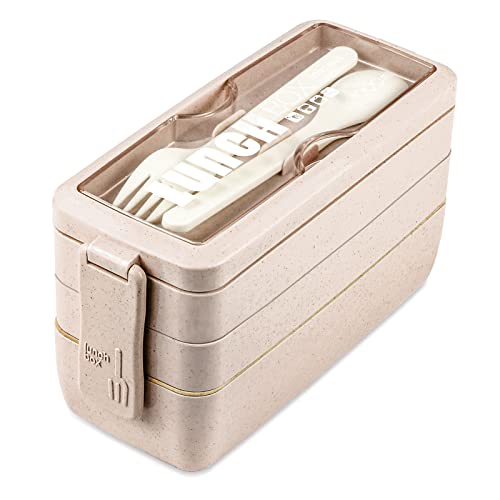 Iteryn Bento Box Lunch Box, 3-In-1 Compartment Lunch Containers - Wheat Straw, Leakproof Stackable Bento Lunch Box Meal Prep