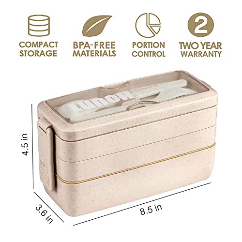 Iteryn Bento Box Lunch Box, 3-In-1 Compartment Lunch Containers - Wheat Straw, Leakproof Stackable Bento Lunch Box Meal Prep