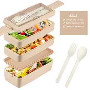 Iteryn Bento Box Lunch Box, 3-In-1 Compartment Lunch Containers - Wheat Straw, Leakproof Stackable Bento Lunch Box Meal Prep
