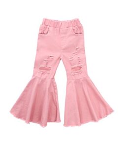 icectr toddler baby girls kid flared denim pants ruffled wide legs ripped jeans high waist bell bottoms casual outfit (pink, 2-3t)