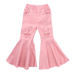 ICECTR Toddler Baby Girls Kid Flared Denim Pants Ruffled Wide Legs Ripped Jeans High Waist Bell Bottoms Casual Outfit (Pink, 2-3T)