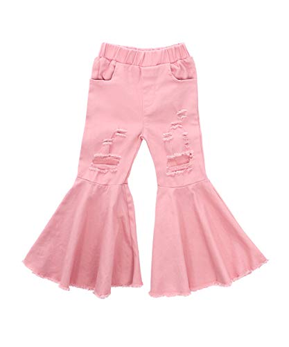 ICECTR Toddler Baby Girls Kid Flared Denim Pants Ruffled Wide Legs Ripped Jeans High Waist Bell Bottoms Casual Outfit (Pink, 2-3T)