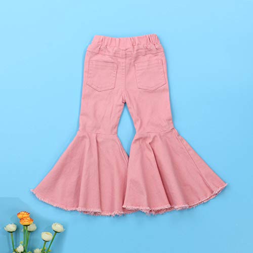 ICECTR Toddler Baby Girls Kid Flared Denim Pants Ruffled Wide Legs Ripped Jeans High Waist Bell Bottoms Casual Outfit (Pink, 2-3T)