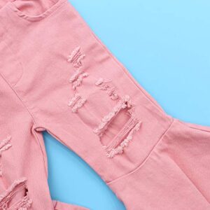 ICECTR Toddler Baby Girls Kid Flared Denim Pants Ruffled Wide Legs Ripped Jeans High Waist Bell Bottoms Casual Outfit (Pink, 2-3T)