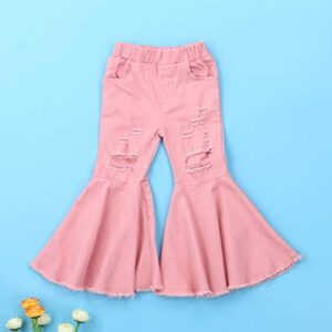 ICECTR Toddler Baby Girls Kid Flared Denim Pants Ruffled Wide Legs Ripped Jeans High Waist Bell Bottoms Casual Outfit (Pink, 2-3T)