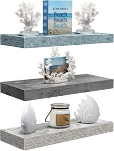 sorbus floating shelves for wall - 3 pack coastal beach wall decor for bedroom, bathroom, living room, office, home & kitchen - white/grey/blue rustic wood hanging wall shelf for books, frames, trophy