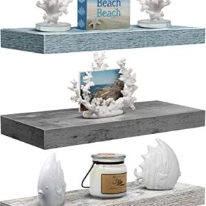 Sorbus Floating Shelves for Wall - 3 Pack Coastal Beach Wall Decor for Bedroom, Bathroom, Living Room, Office, Home & Kitchen - White/Grey/Blue Rustic Wood Hanging Wall Shelf for Books, Frames, Trophy