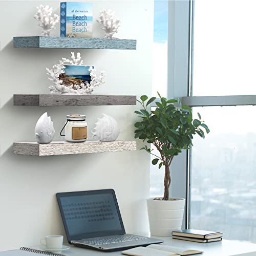 Sorbus Floating Shelves for Wall - 3 Pack Coastal Beach Wall Decor for Bedroom, Bathroom, Living Room, Office, Home & Kitchen - White/Grey/Blue Rustic Wood Hanging Wall Shelf for Books, Frames, Trophy