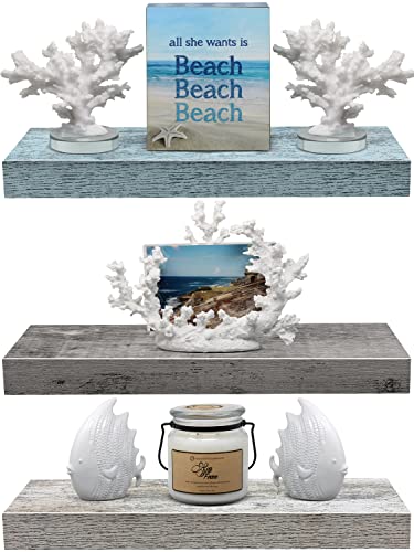 Sorbus Floating Shelves for Wall - 3 Pack Coastal Beach Wall Decor for Bedroom, Bathroom, Living Room, Office, Home & Kitchen - White/Grey/Blue Rustic Wood Hanging Wall Shelf for Books, Frames, Trophy