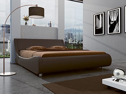 SHA CERLIN Modern Low Profile Platform Bed Frame Queen Size, Stylish Faux Leather Upholstered Sleigh Bed with Adjustable Headboard, No Box Spring Needed, Brown