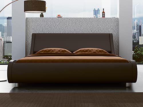 SHA CERLIN Modern Low Profile Platform Bed Frame Queen Size, Stylish Faux Leather Upholstered Sleigh Bed with Adjustable Headboard, No Box Spring Needed, Brown