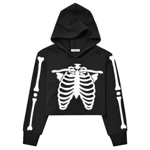 perfashion girls halloween sweatshirt skeleton crop hoodie glow in the dark for kids costume 10 11