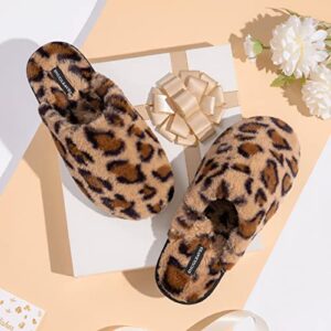 Snug Leaves Women's Fuzzy House Memory Foam Slippers Cute Furry Leopard Print Faux Fur Lined Closed Toe Indoor Slides Bedroom Slip On Shoes with Soft Rubber Sole (Brown, Size 7-8)