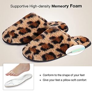 Snug Leaves Women's Fuzzy House Memory Foam Slippers Cute Furry Leopard Print Faux Fur Lined Closed Toe Indoor Slides Bedroom Slip On Shoes with Soft Rubber Sole (Brown, Size 7-8)