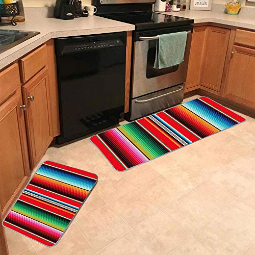 Gesmatic Red Kitchen Rugs, 2 Piece Mat Kitchen Rug 17"X48" 17"X24" Mexican Rug Pattern Serape Stripes Detail Background with Colors Non-Slip Striped Kitchen Rug