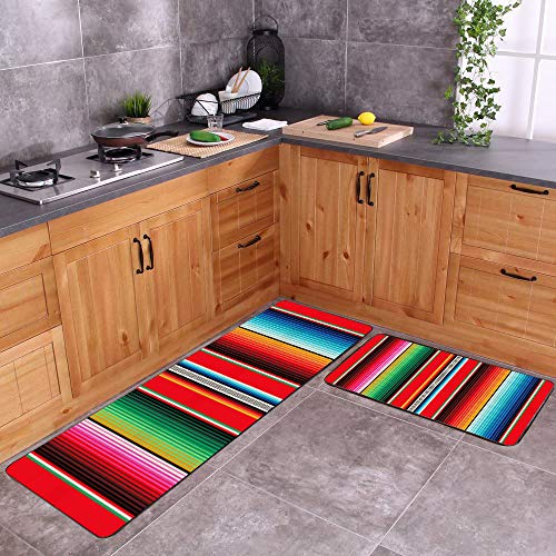 Gesmatic Red Kitchen Rugs, 2 Piece Mat Kitchen Rug 17"X48" 17"X24" Mexican Rug Pattern Serape Stripes Detail Background with Colors Non-Slip Striped Kitchen Rug