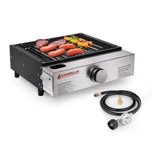 camplux propane gas griddle grill, 15,000 btu griddle grill combo, portable camping griddle station 17 inches with 20 lb and rv regulator for camping, rv picnic and tailgating