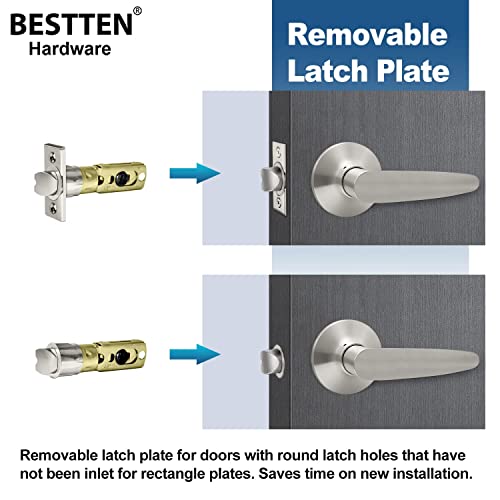 BESTTEN Passage Door Lever Lock Set with Removable Latch Plate, Roma Series, No Locking Door Handle for Hallway or Closet, Satin Nickel